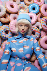 Wall Mural - Abstract colorful portrait of a young beautiful girl with a pile of unhealthy tasty food, sweet glazed dessert, delicious donuts. Candy factory.