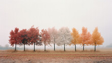 Gentle Minimal Autumn Landscape, A Tree That Is In The Fog, Whose Leaves Of Warm Red And Yellow Colors Are Slowly Falling. Change Of Seasons.