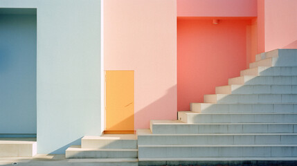High-rise residential building in pastel colors and tones, architectural minimalism. Stylish life in colorful concrete.