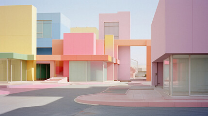 High-rise residential building in pastel colors and tones, architectural minimalism. Stylish life in colorful concrete.