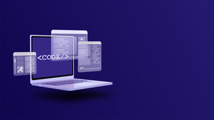 Web Programming and Development, Code Testing with Laptop Displaying Holographic UI