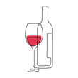 Red wine bottle and glass continuous line colourful vector illustration