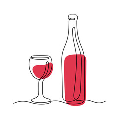 Wall Mural - Red wine bottle and glass continuous line colourful vector illustration