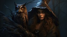 A Woman In A Witch Costume With An Owl On Her Shoulder
