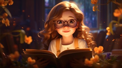 Canvas Print - A girl with glasses reading a book in a garden