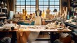 A fashion designer's studio with dress forms, fabric swatches, and sewing equipment, representing the creative process of designing clothing
