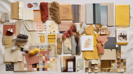 A mood board displaying fabric swatches, paint samples, and design inspirations, showcasing the visual exploration of design concepts