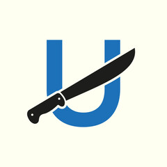 Wall Mural - Letter U Knife Logo Design Vector Template Knife Symbol With Alphabet