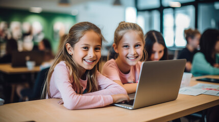 Happy young girls sitting in a coding class, learning basic programming skills. Generative AI
