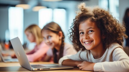 Happy young girls sitting in a coding class, learning basic programming skills. Generative AI
