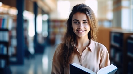 Happy pretty european girl student holding book standing in modern university campus library and study reading book. Generative AI