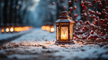 Christmas Glowing Lantern Stands On Snowy Ground Against Bokeh Of Holiday Lights, View From Ground Plane, Copy Space.