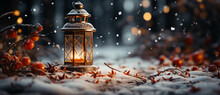 Christmas Glowing Lantern Stands On Snowy Ground Against Bokeh Of Holiday Lights, View From Ground Plane, Copy Space.