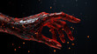 Robot hand isolated on a black background reaching out. Red digital hand reaching forward. 3D rendering of a female cyborg holding out a hand. Electronic arm stretched out glowing with a red light.