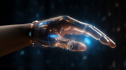 Robot hand isolated on a black background reaching out. Blue digital hand reaching forward. 3D rendering of a female cyborg holding out a hand. Electronic arm stretched out glowing with a blue light