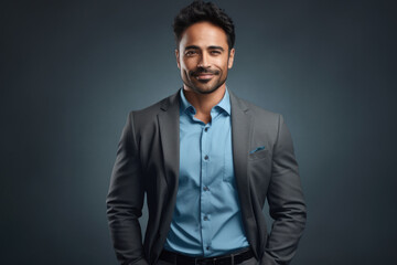 Poster - Poised and confident businessman is captured in this image, wearing a grey suit and a blue shirt. His professional demeanor and approachable smile make him an ideal representation of business success.