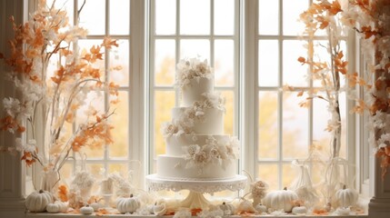 A wedding cake sitting on top of a window sill