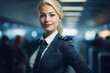 Blonde woman working as flight attendant