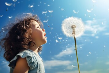 Canvas Print - A little girl blowing a dandelion in the wind. Generative AI.