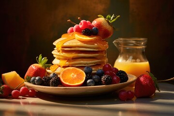 Poster - A stack of pancakes with fruit on a plate. Generative AI.