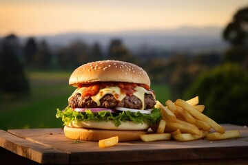 Sticker - A cheeseburger and french fries on a cutting board. Generative AI.