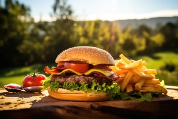 Poster - A hamburger and french fries on a wooden table. Generative AI.