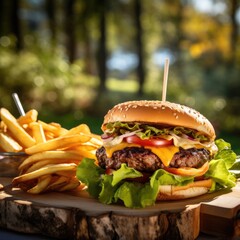 Poster - A hamburger and french fries on a cutting board. Generative AI.