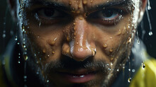 An Extreme Close Up Photo Of A Professional Athlete With Intense Focus In His Eyes And Sweat Pouring Down His Face. 