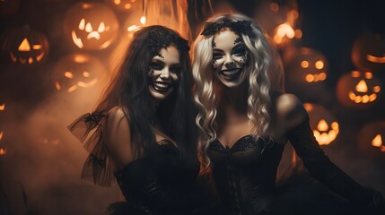 Wall Mural - Two beautiful women in Halloween witch costumes posing in a dark room with candles. Halloween party.	