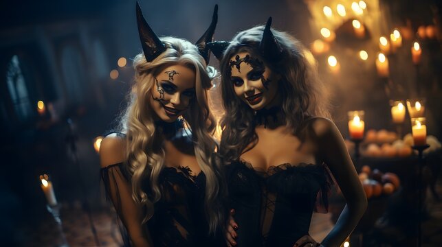 two beautiful women in halloween costumes posing in a dark room with candles. halloween party.