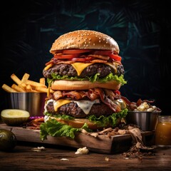 Poster - A large hamburger with lettuce, tomato, cheese, and french fries. Generative AI.