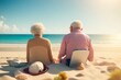 © 2D_Jungle - illustration an old couple on the sandy beach sitting and watching the sea View from behind.Generative AI