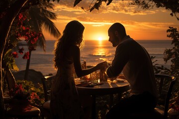 Romantic couple having dinner at sunset by the sea.