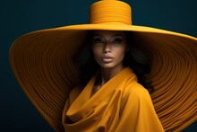 Portrait Of A Chic African-American Woman In A Stylish Yellow Dress And A Huge Yellow Hat.