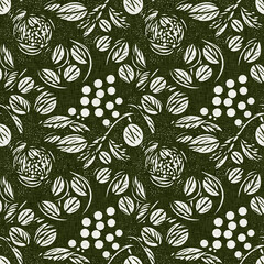 Wall Mural - Forest green country floral blockprint linen seamless pattern. Allover print of French cottage interior cotton effect flower fabric background.