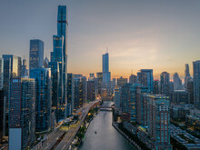 Aerial View Of The Chicago River At Dusk Of 2023 