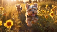 Yorkie Puppies Running In A Field Of Flowers