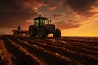 Agricultural workers with tractors. Ploughing a field with tractor at sunset | Generative AI