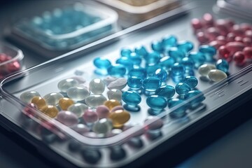 Wall Mural - Heap of medical pills in white, blue and other colors. Pills in plastic package. Concept of healthcare and medicine.