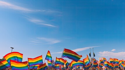 A panoramic display of LGBTQ+ pride flags waving against a clear sky during a pride parade.