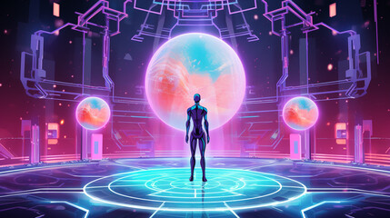 Surreal Neon Interface: AI Robot and Human Fusion in a Digital Dreamscape