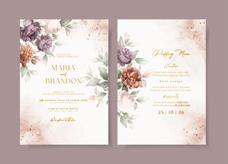 Floral wedding invitation and menu template set with puprle white roses and leaves decoration