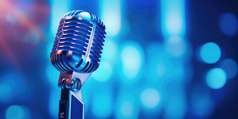 Wall Mural - Microphone, close up shot, neon blue color palette. Microphone on blurred club background with copy space. Banner template for karaoke club. 