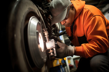 The light of the sun highlights the brake technician as they lean over the car working on its brake system. The technician is wearing their work coveralls and goggles with two small tools gripped