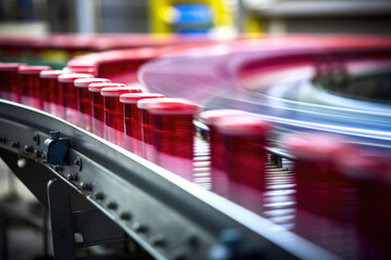 A blurred sideview of a conveyor belt system is seen. Several types of beverage containers are seen being moved rapidly along the belt.