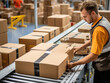 © Justlight - Close up of a worker in a paper manufacturing plant labeling and loading the cardboard boxes onto a conveyer belt.