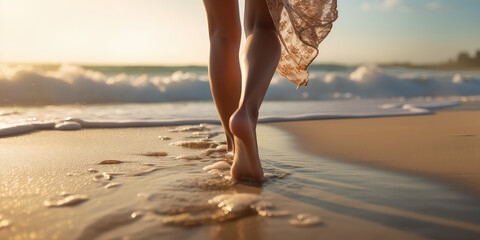 wet shoreline sand with barefoot prints. closeup back view photograph woman legs walking barefoot al