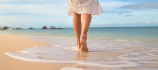 Wet shoreline sand with barefoot prints. Closeup back view photograph woman legs walking barefoot along a beautiful beach. 