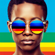 Person in sunglasses with pride flag colors. LGBT Pride illustration.
