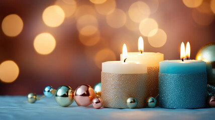 Wall Mural - Candles are lit to create a cozy holiday atmosphere during Christmas